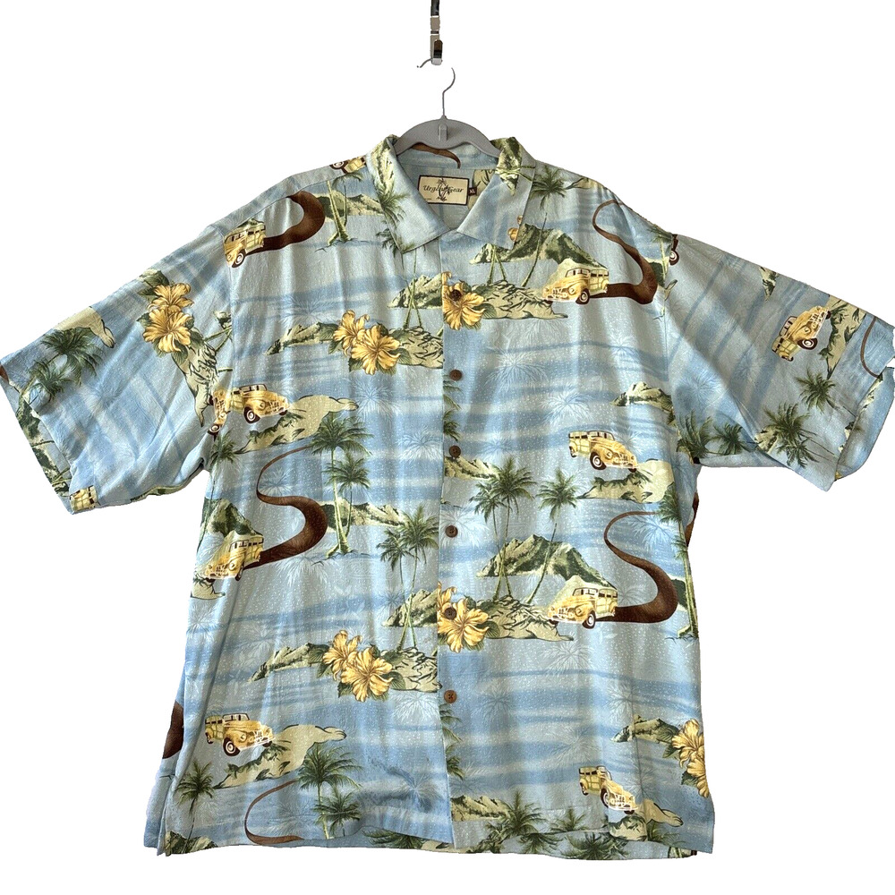 Urgent Gear 100% Silk Hawaiian Short Sleeve Shirt Mens XL Woody Palm Trees Blue